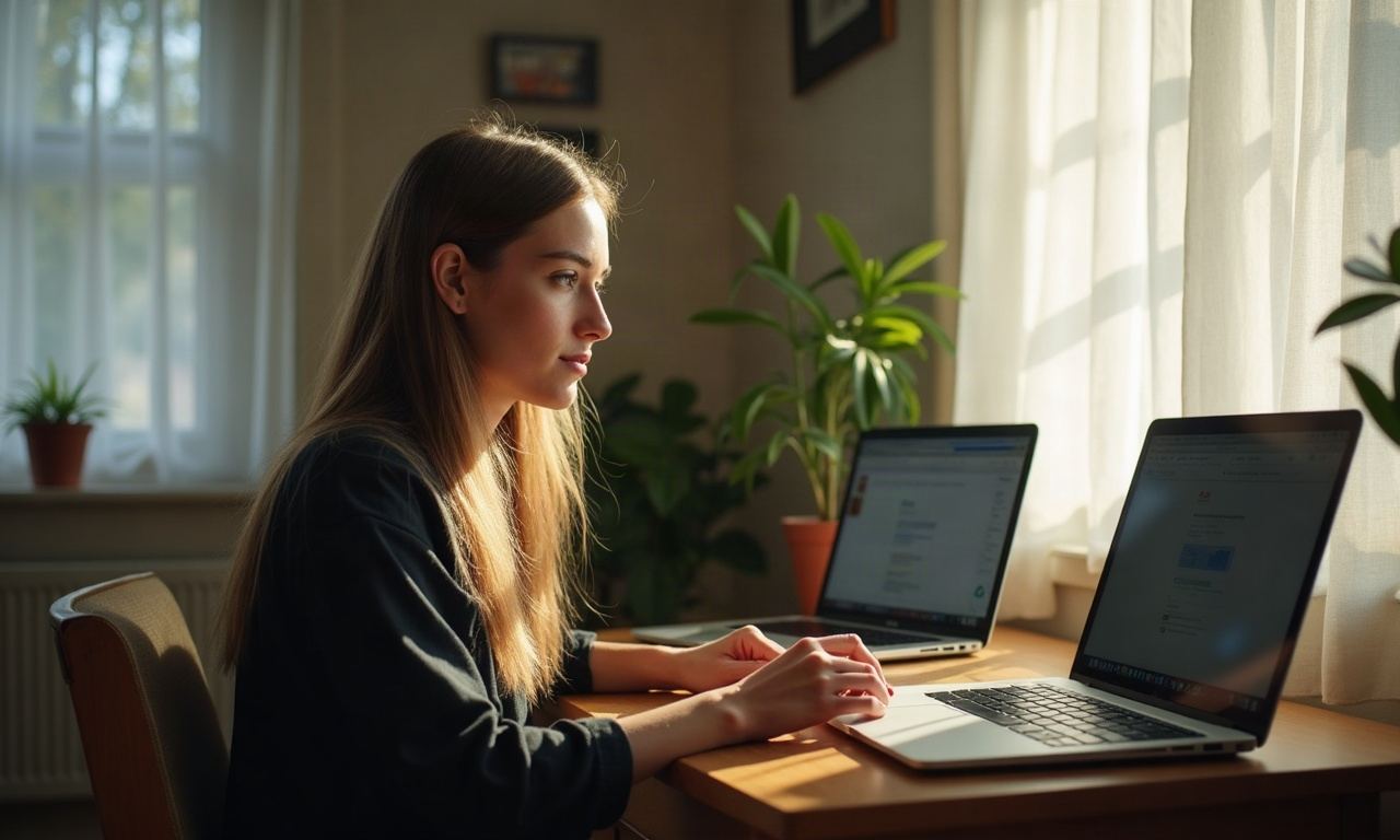 Person sitting at home desk with hands resting, morning light through window