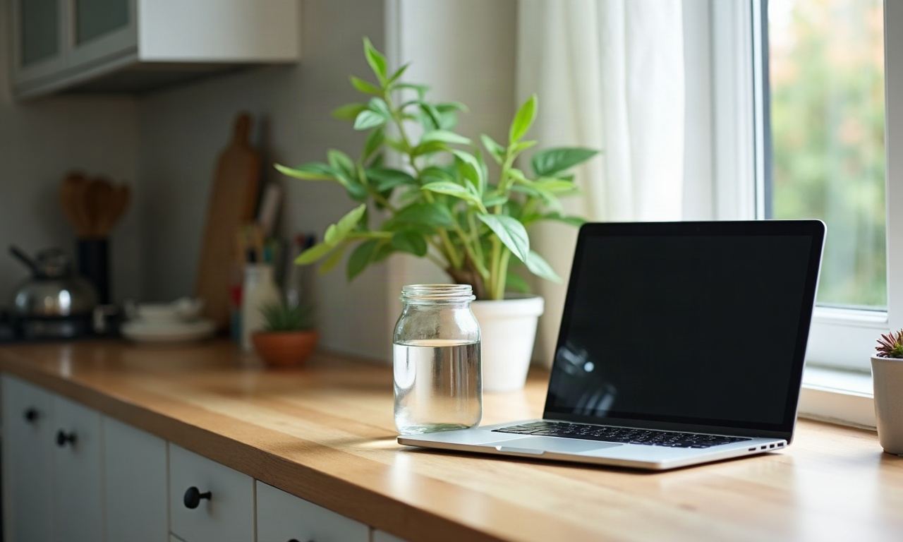 Glass jar and potted plant on kitchen counter in bright daylight