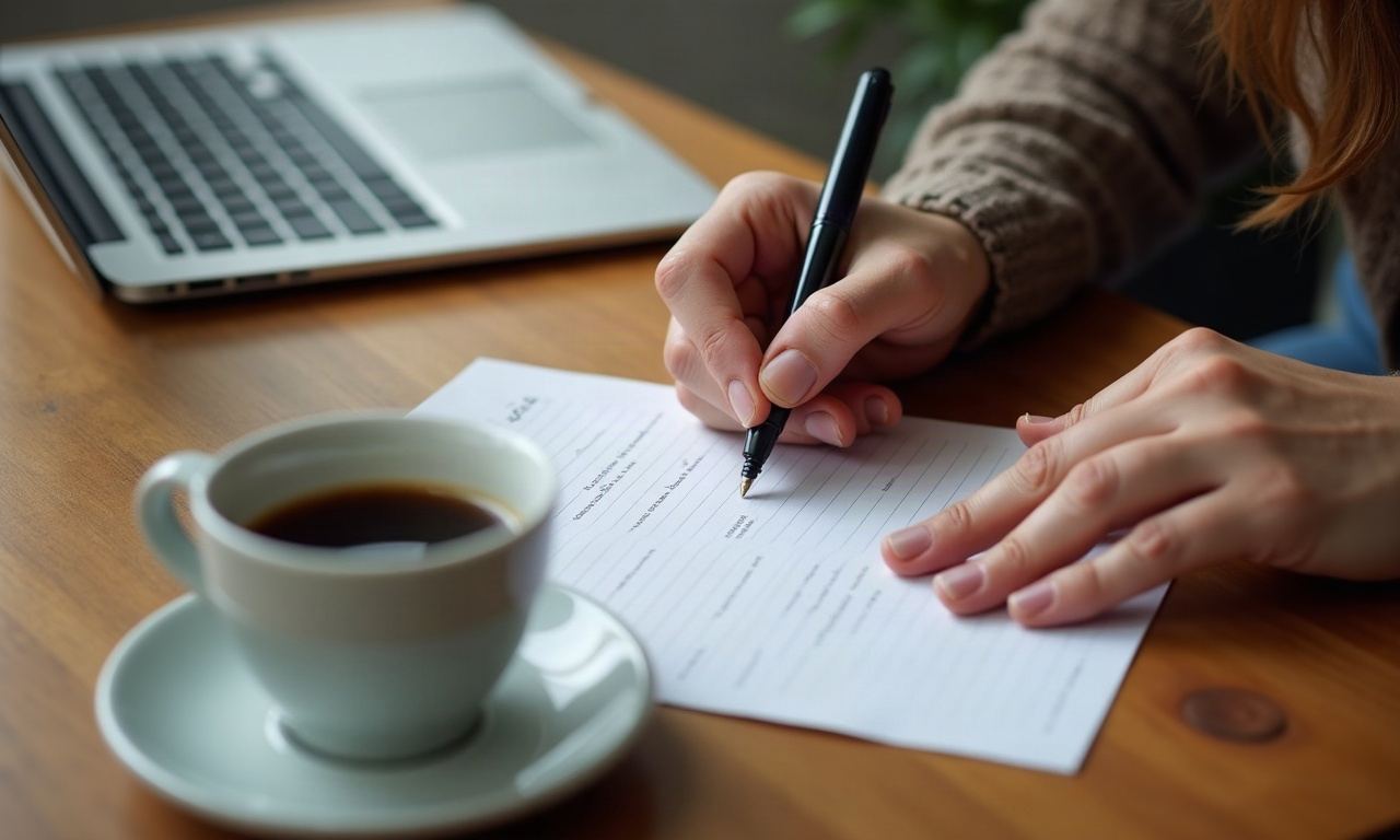 Hands holding pen above wooden table with coffee cup, natural light