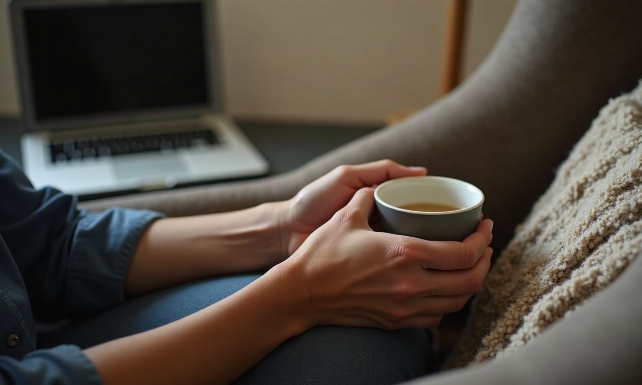 Hands holding ceramic mug on chair armrest with soft blanket, warm light